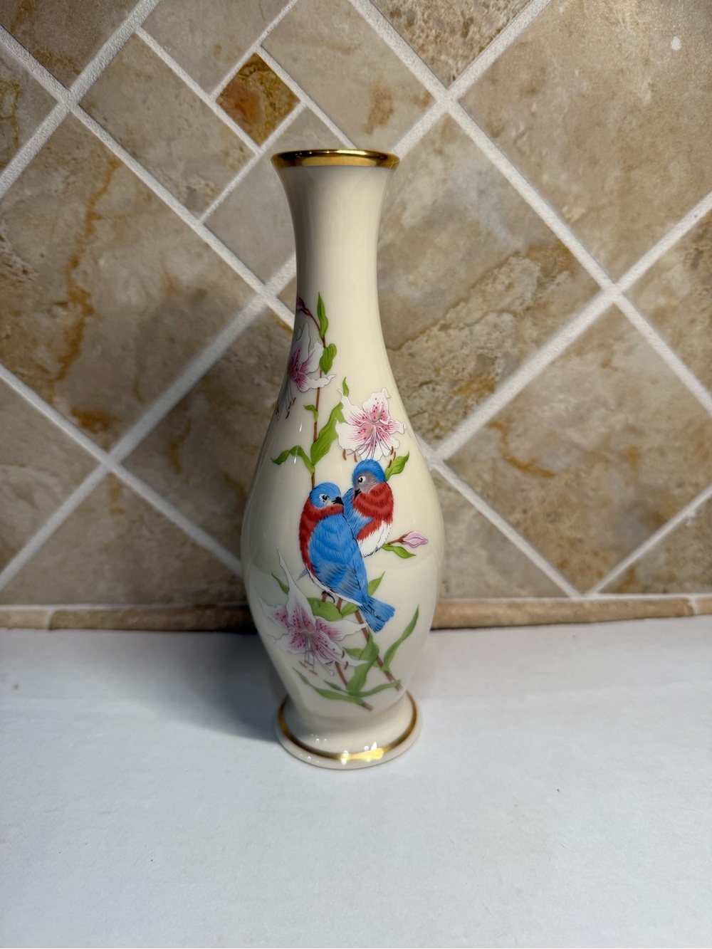 Vintage Lenox Eternal Love Vase Bird Floral Ivory Porcelain Gold Trim 8” USA